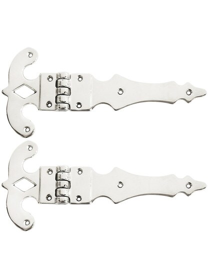 Pair of Heavy Ornate Brass Surface Hinges - 5 inch x 11 inch in Polished Nickel.